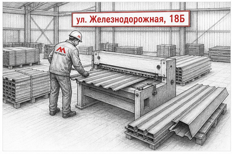 Гильотина режет профнастил на складе Метпрофф в Борисоглебске, Железнодорожная 18Б