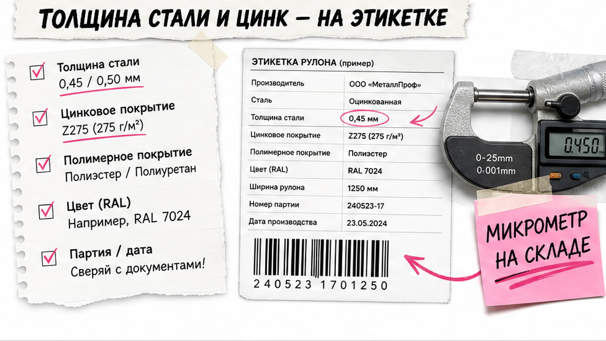 Чеклист проверки толщины стали и цинка на этикетке металлочерепицы