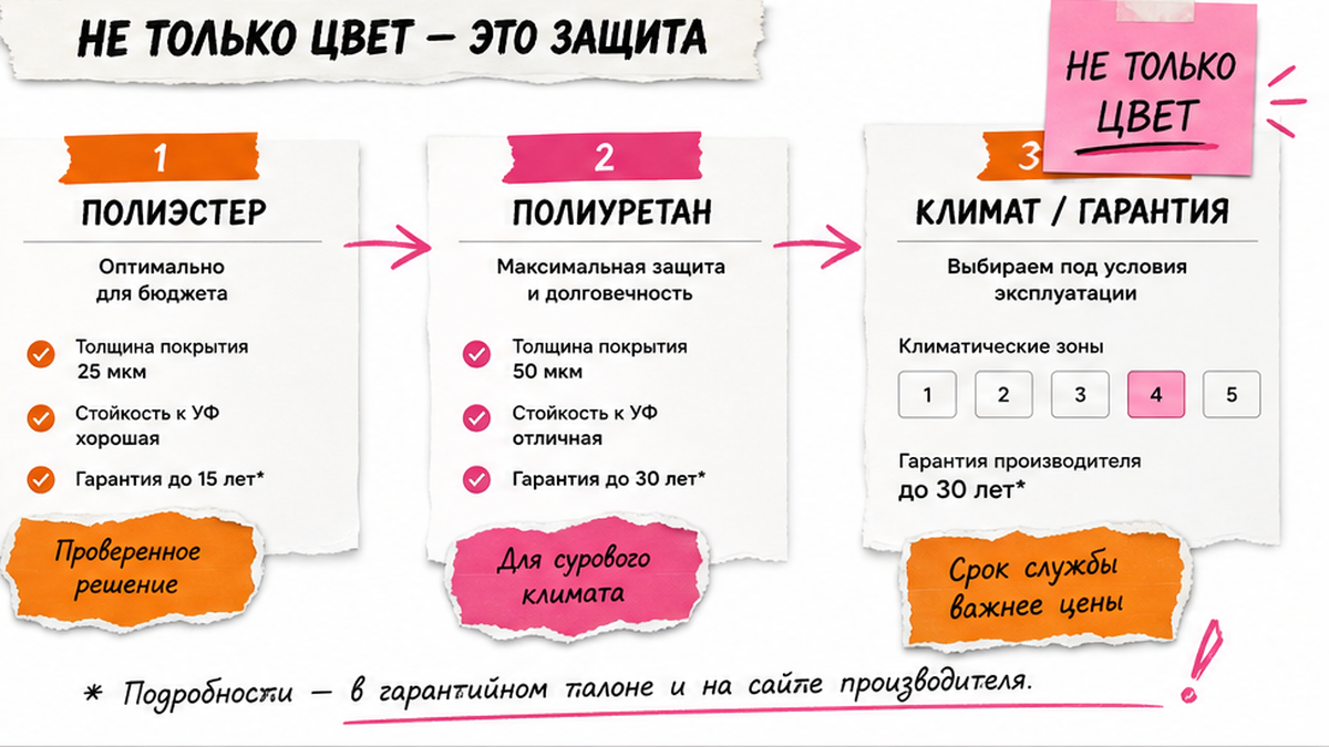 Схема выбора покрытия металлочерепицы: полиэстер или полиуретан