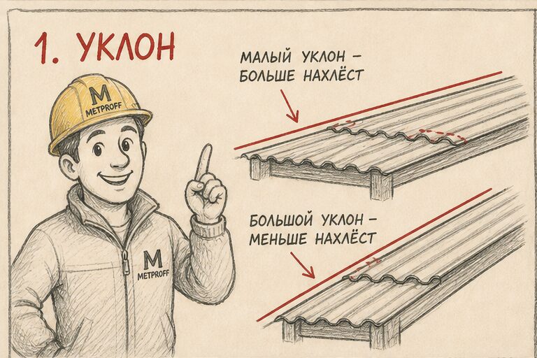Иллюстрация: нахлёст профнастила от уклона — пологий больше, крутой меньше