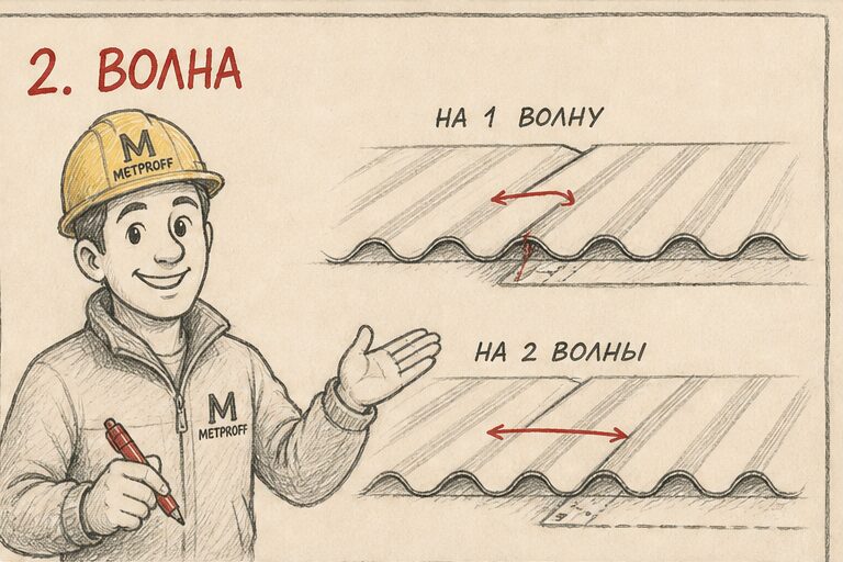 Боковой нахлёст профнастила на одну и на две волны