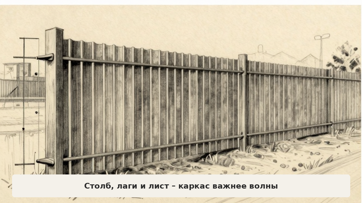 Каркас забора: столб, лаги и лист
