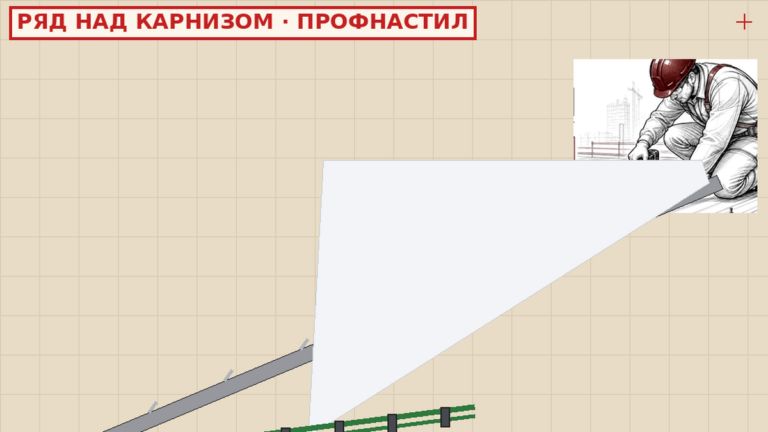 Трубчатый ряд снегозадержателей над карнизом на скате из профнастила, работник в мерче Метпрофф, Hyundai 6 м во дворе