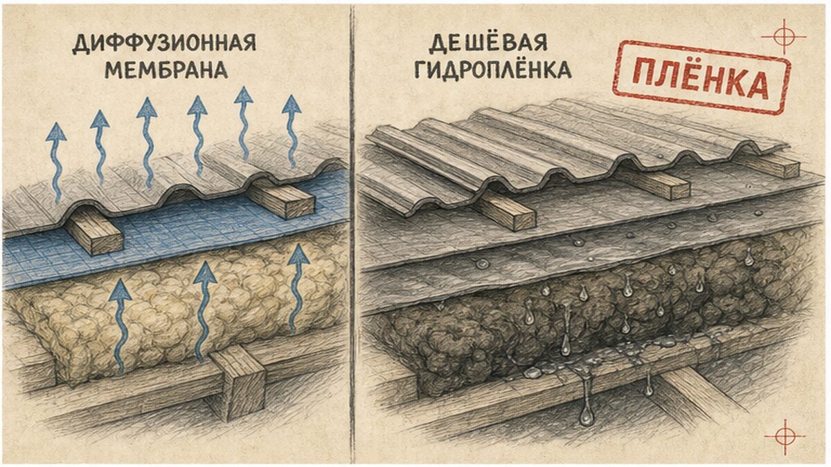 Обычная плёнка на стропилах не выпускает пар из ваты
