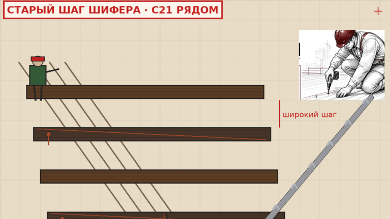Работник Метпрофф смотрит старую обрешётку после снятия шифера: широкий шаг, тёмные доски, рядом лист С21