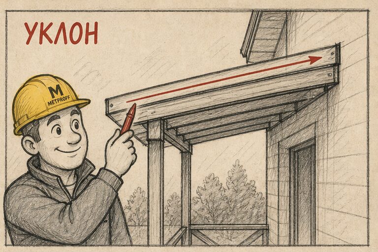 Уклон крыши веранды: стрелка по скату, вода должна уходить вниз