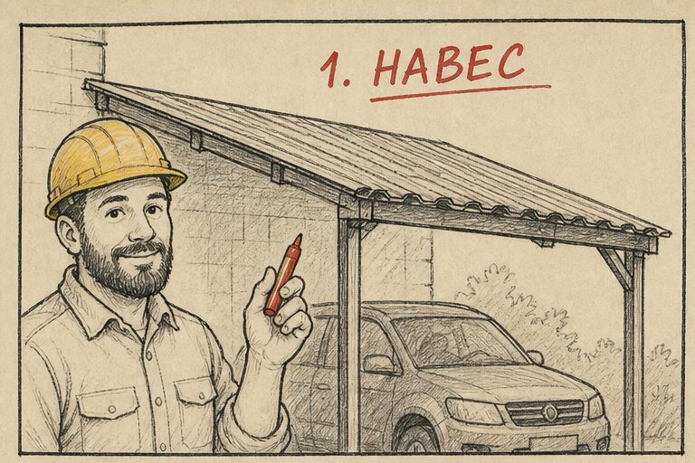 Навес из профнастила у стены дома