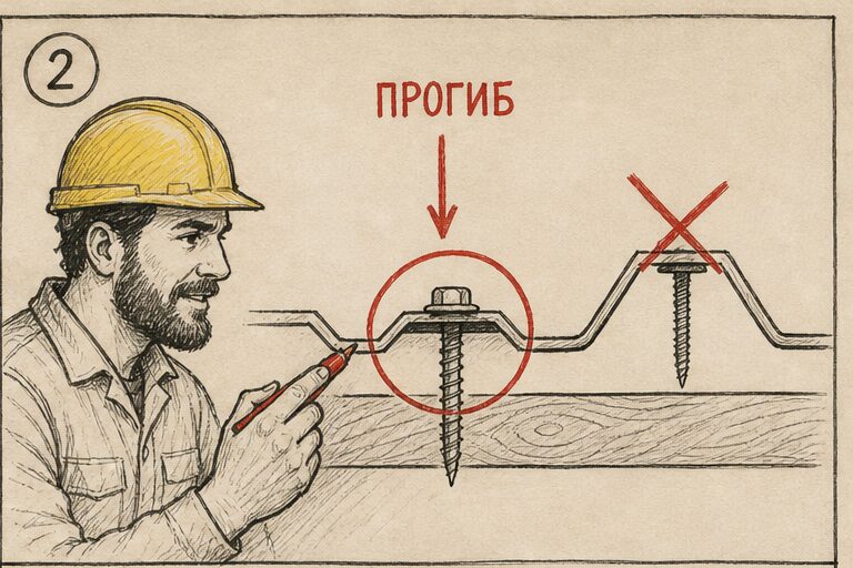 Саморез в прогибе волны профнастила