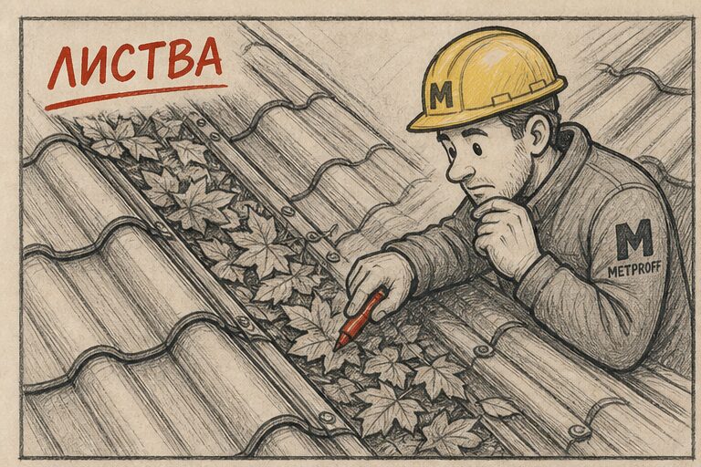 Листва в ендове металлочерепицы: работник Метпрофф смотрит забитый жёлоб