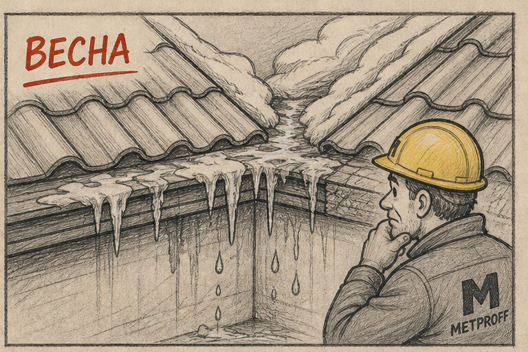 Весной талая вода и лёд стоят в ендове металлочерепицы, забитой мусором