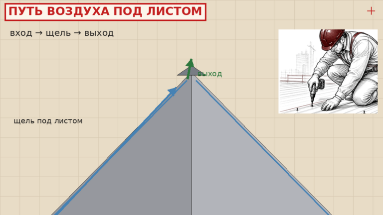 Путь воздуха под металлической крышей: стрелки от софитов к коньку, работник в мерче Метпрофф