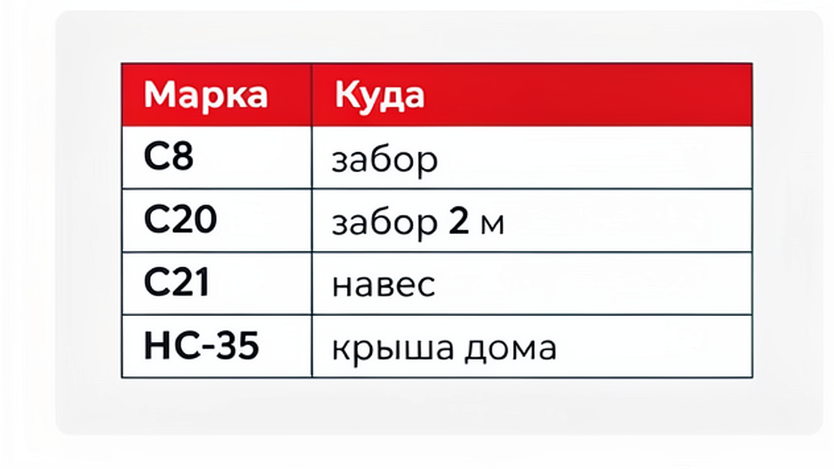 Таблица С8 забор, С20 забор 2 м, С21 навес, НС-35 крыша дома