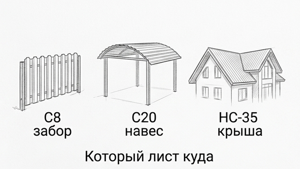 Какой лист куда: С8 забор, С20 навес, НС-35 крыша