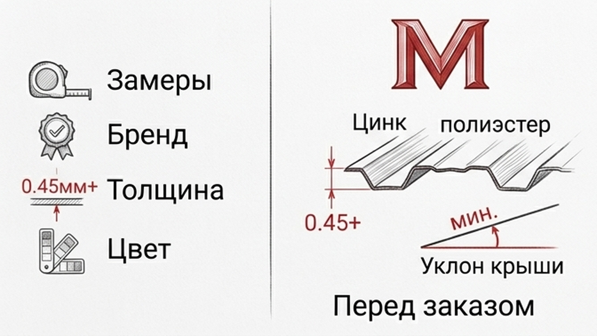 Перед заказом: 0,45+, цинк, полиэстер, уклон крыши