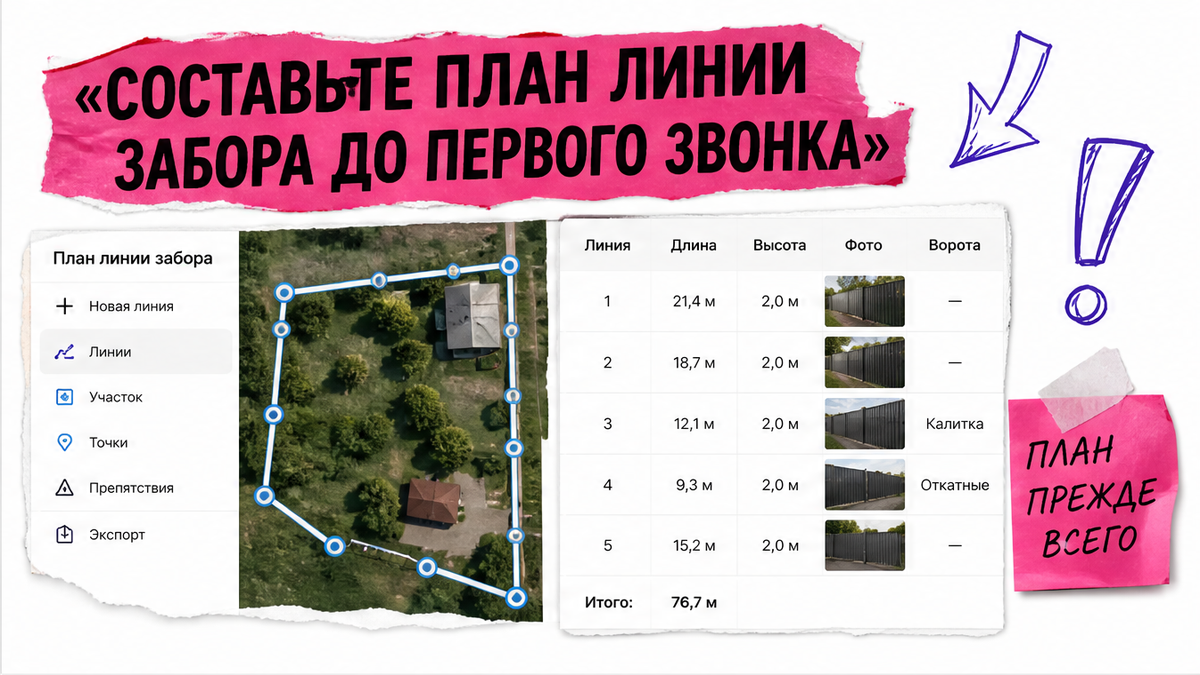 План линии забора с длиной, высотой, воротами и фотографиями участка