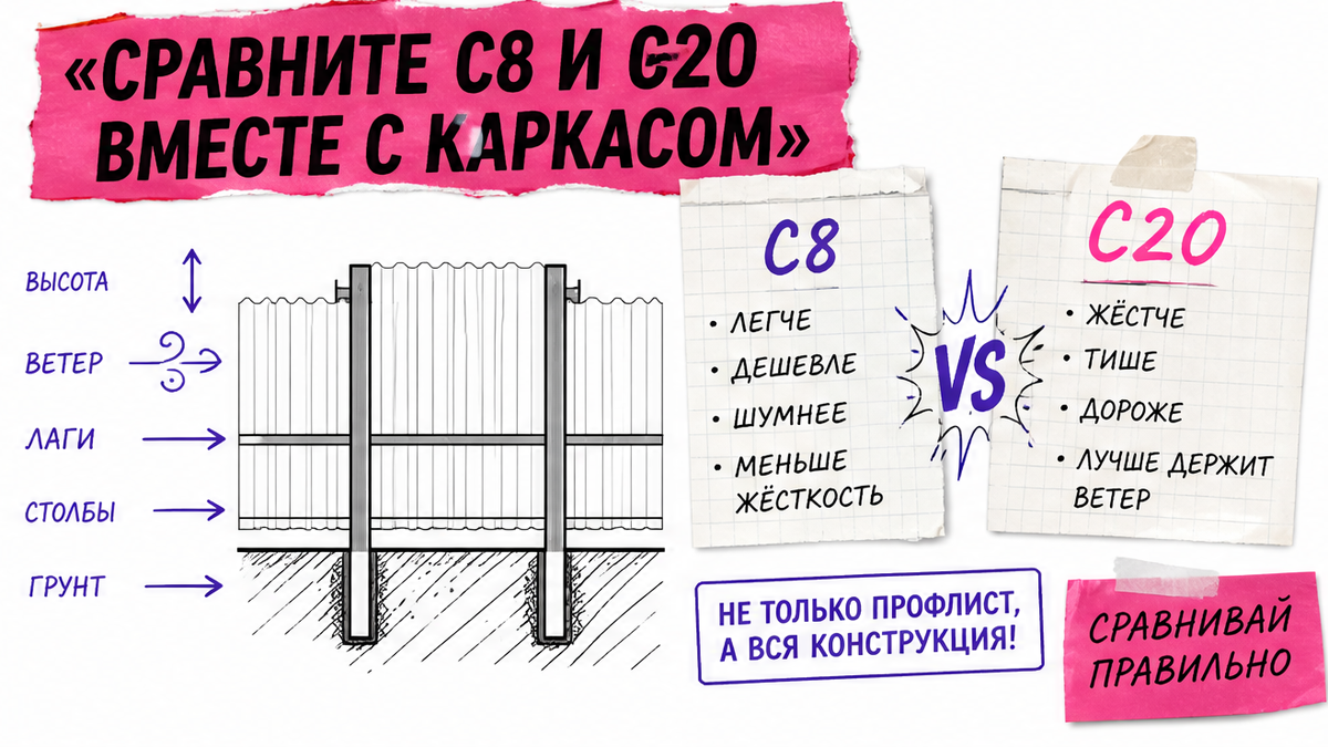 Схема выбора профлиста С8 или С20 вместе с каркасом забора