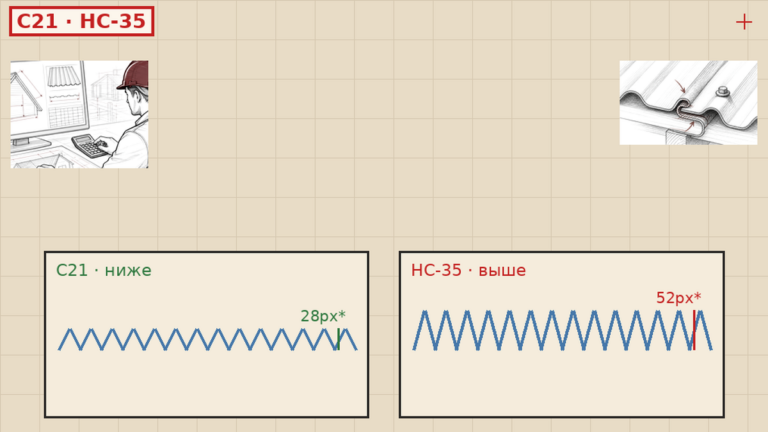 Чем отличается С21 от НС-35: высота волны на кровле; база Железнодорожная 18Б Борисоглебск