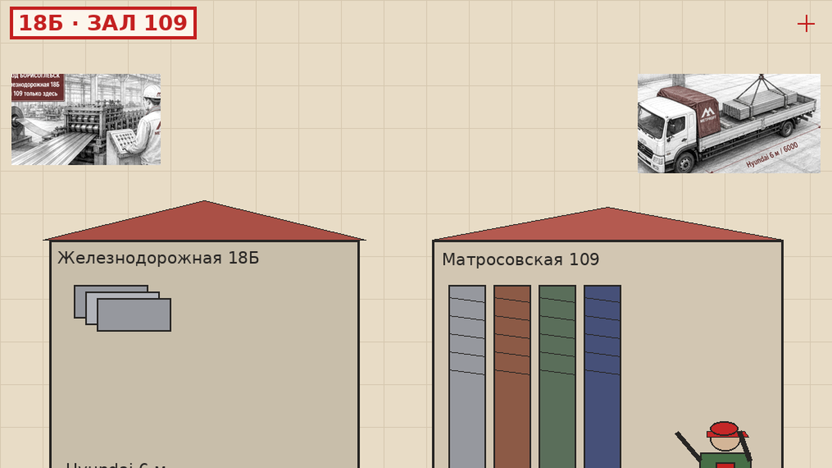 Склад Железнодорожная 18Б и Hyundai 6 м для доставки профиля в Тамбов