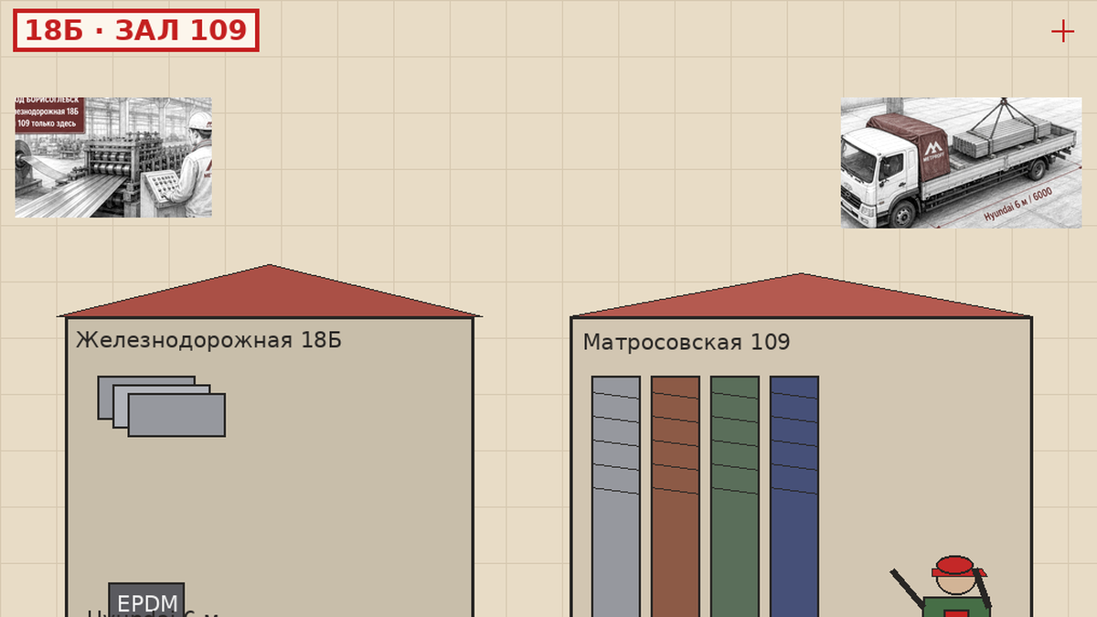 Крепёж и лист с базы Железнодорожная 18Б, зал Матросовская 109, Hyundai 6 м