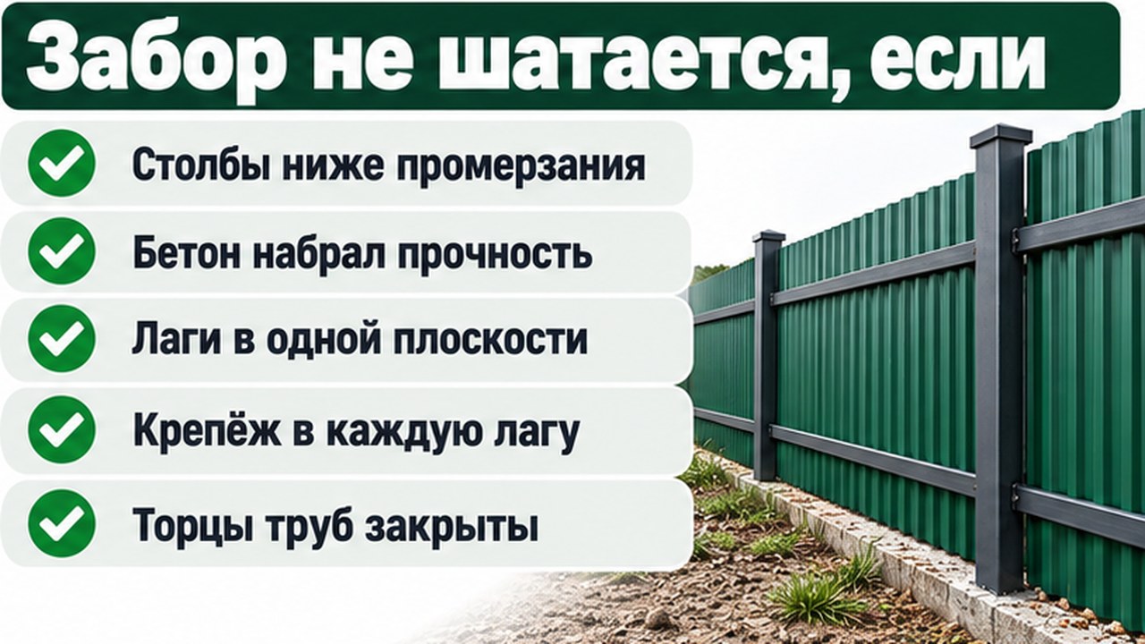 Чеклист: забор не шатается, если столбы ниже промерзания, бетон набрал прочность, лаги в одной плоскости