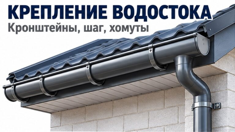 Крепление водостока: металлический желоб на кронштейнах под краем кровли и труба на хомутах