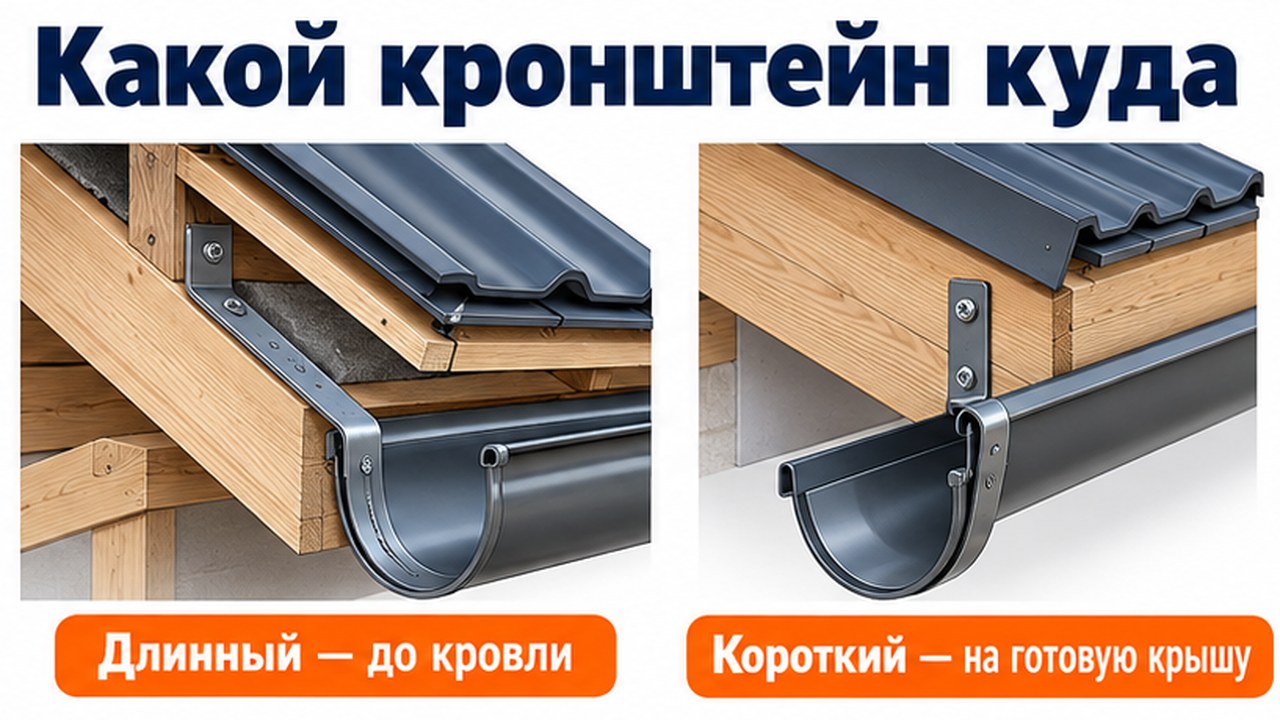 Какой кронштейн водостока куда: длинный на стропило до кровли, короткий на лобовую доску готовой крыши