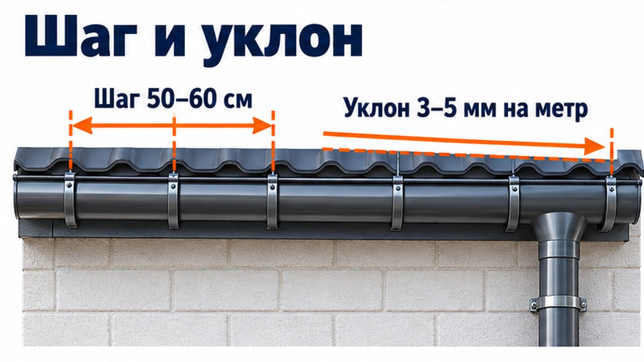 Шаг кронштейнов водостока 50–60 см и уклон желоба 3–5 мм на метр к воронке