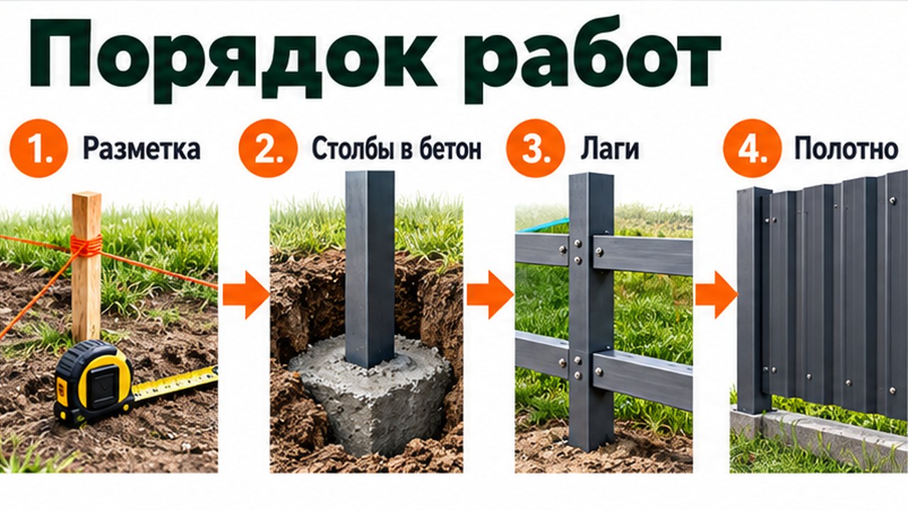 Порядок работ: разметка, столбы в бетон, лаги, полотно забора
