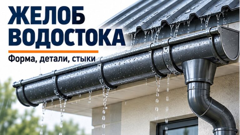 Желоб водостока: полукруглый металлический желоб на кронштейнах под краем кровли, воронка и труба