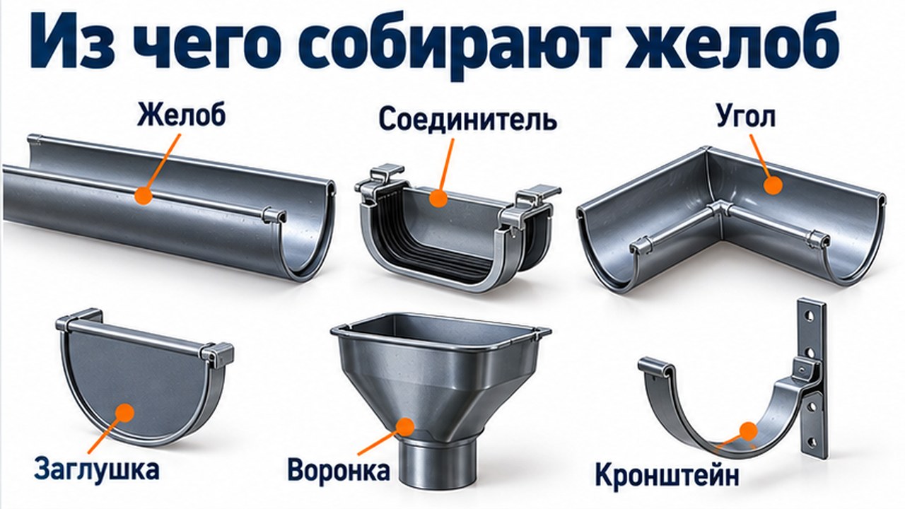 Из чего собирают желоб водостока: желоб, соединитель, угол, заглушка, воронка и кронштейн