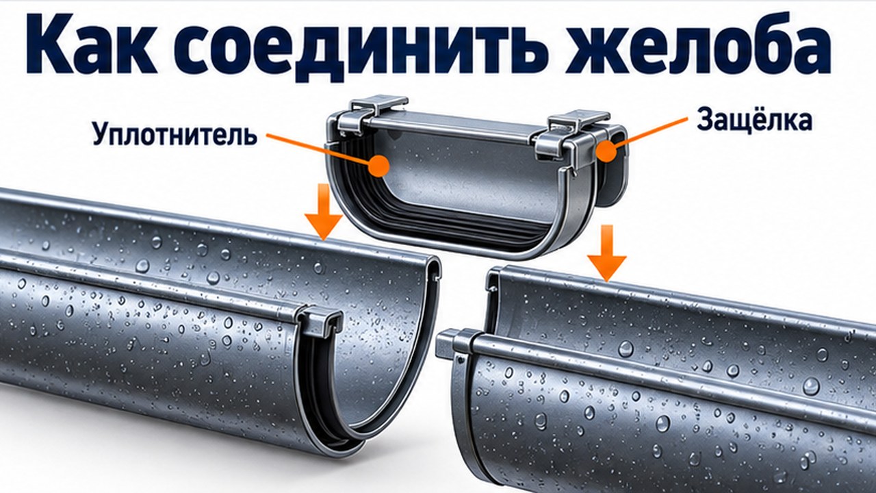 Как соединить желоба водостока: соединитель с резиновым уплотнителем и защёлкой на стыке двух желобов
