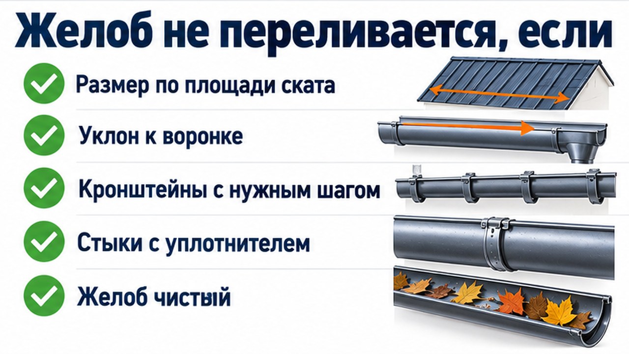 Чеклист: желоб водостока не переливается, если размер подобран по площади ската, есть уклон к воронке и стыки с уплотнителем